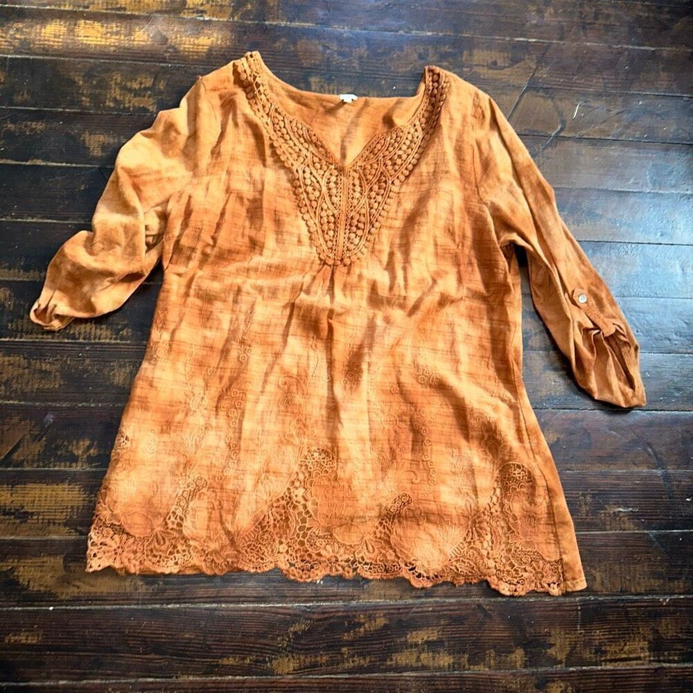 Reba orange tie dye lace trimmed flowy lagenlook blouse